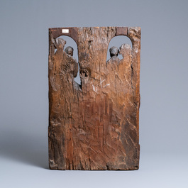 Un groupe en ch&ecirc;ne sculpt&eacute; repr&eacute;sentant la cons&eacute;cration d'un &eacute;v&ecirc;que, Nord de la France, vers 1500