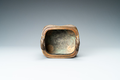 A Chinese partly gilded bronze censer with jade-topped wooden cover, Xuande mark, Kangxi