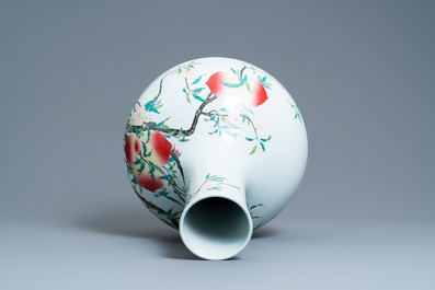 A Chinese famille rose 'tianqiu ping' 'nine peaches' vase, Qianlong mark, 20th C.
