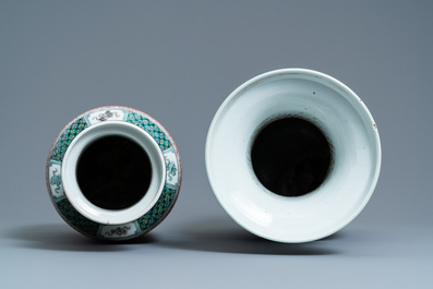 A Chinese blue and white celadon-ground vase and a famille verte rouleau vase, 19th C.