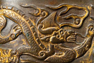A Chinese partly gilded bronze censer with jade-topped wooden cover, Xuande mark, Kangxi