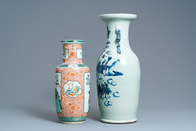 A Chinese blue and white celadon-ground vase and a famille verte rouleau vase, 19th C.