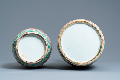 A Chinese blue and white celadon-ground vase and a famille verte rouleau vase, 19th C.