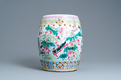 A Chinese famille rose 'ducks in a lotus pond' garden seat, 19th C.