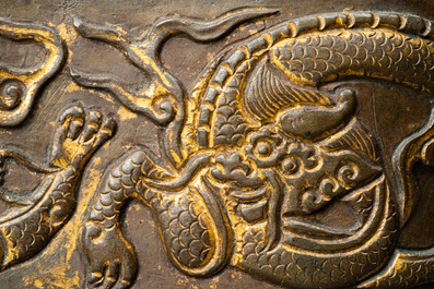 A Chinese partly gilded bronze censer with jade-topped wooden cover, Xuande mark, Kangxi