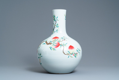 A Chinese famille rose 'tianqiu ping' 'nine peaches' vase, Qianlong mark, 20th C.