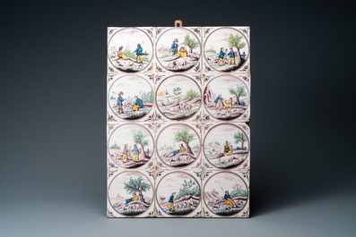 Two fields of twelve polychrome Dutch Delft tiles, 17th and 19th C.