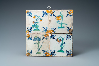 Twelve polychrome Dutch Delft flower tiles, 17th C.
