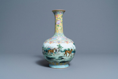 A Chinese famille rose bottle vase with dogs, Qianlong mark, Republic