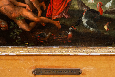 Vlaamse school, omgeving van Jan van Kessel (1626-1679), olie op koper: De schepping van Eva