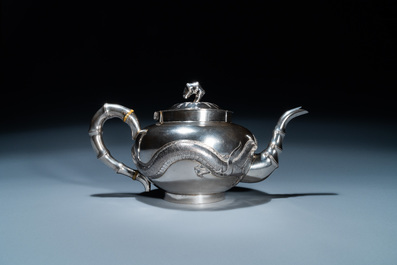 A Chinese silver 'dragon' teapot, Sing Fat, Canton or Hongkong, Republic