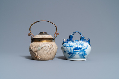A Vietnamese 'Bat Trang' stoneware waterpipe and a Chinese 'Bleu de Hue' lime pot, 19th C.
