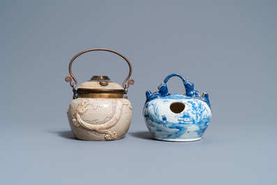 A Vietnamese 'Bat Trang' stoneware waterpipe and a Chinese 'Bleu de Hue' lime pot, 19th C.
