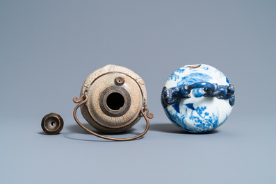 A Vietnamese 'Bat Trang' stoneware waterpipe and a Chinese 'Bleu de Hue' lime pot, 19th C.