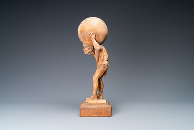 Een lindenhouten figuur van Atlas die de wereld draagt, Duitsland, ca. 1700
