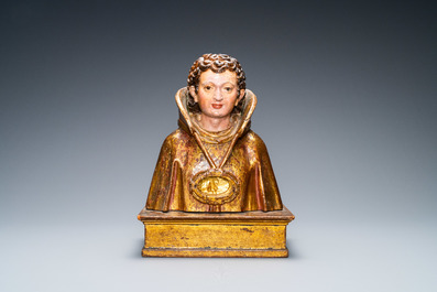 A polychromed and gilded wooden reliquary bust, Italy, 17th C.