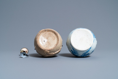 A Vietnamese 'Bat Trang' stoneware waterpipe and a Chinese 'Bleu de Hue' lime pot, 19th C.