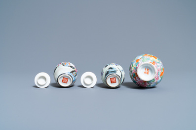 Une paire de vases couverts miniatures et un vase millefleurs en porcelaine de Chine famille rose, marques de Qianlong, R&eacute;publique