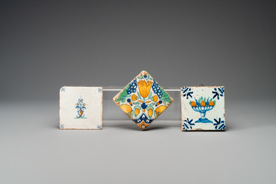 Forty-four blue and white and polychrome Dutch Delft tiles, 17/18th C.