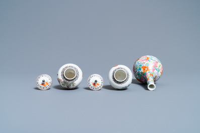 Une paire de vases couverts miniatures et un vase millefleurs en porcelaine de Chine famille rose, marques de Qianlong, R&eacute;publique