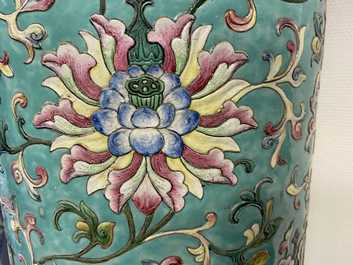 A large Chinese famille rose cylindrical vase with applied lotus scrolls, Jiaqing/Daoguang