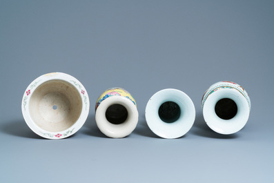 Three Chinese famille rose vases and a jardini&egrave;re, 19th C.