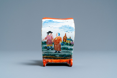 A polychrome Dutch Delft petit feu pipe stand modelled as a sleigh, 18th C.