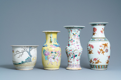 Three Chinese famille rose vases and a jardini&egrave;re, 19th C.