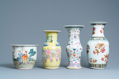 Three Chinese famille rose vases and a jardini&egrave;re, 19th C.
