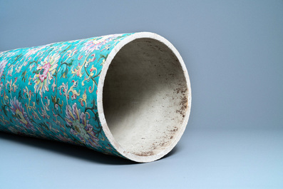A large Chinese famille rose cylindrical vase with applied lotus scrolls, Jiaqing/Daoguang
