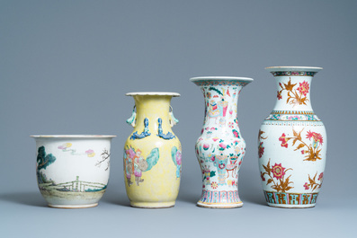 Three Chinese famille rose vases and a jardini&egrave;re, 19th C.