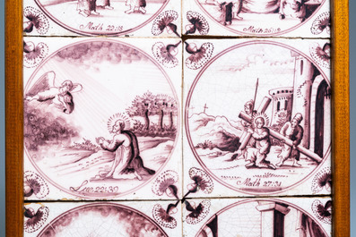 Eighteen fine Dutch Delft manganaese biblical subject tiles, 18th C.