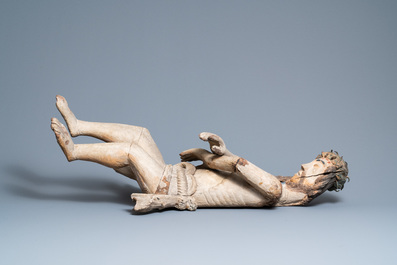 Een grote gepolychromeerde houten figuur van Christus op de koude steen, Vlaanderen, volkskunst, 16e eeuw