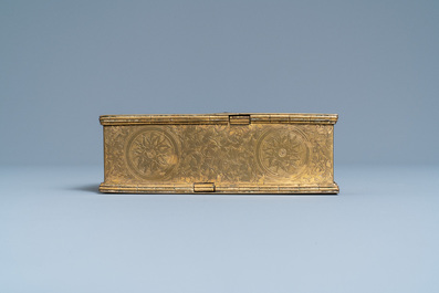 An engraved gilded copper travel inkwell with secret compartment, 17th C.