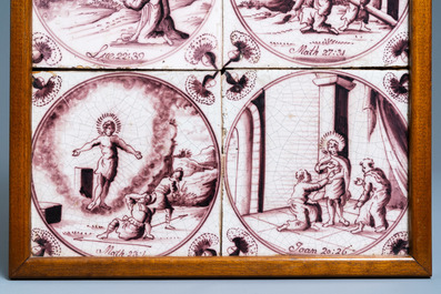 Eighteen fine Dutch Delft manganaese biblical subject tiles, 18th C.