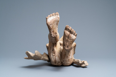 Een grote gepolychromeerde houten figuur van Christus op de koude steen, Vlaanderen, volkskunst, 16e eeuw