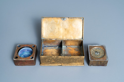 An engraved gilded copper travel inkwell with secret compartment, 17th C.