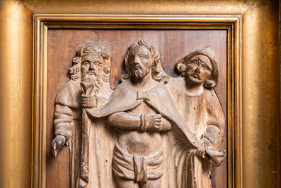 A walnut 'Ecce Homo' panel in a Gothic revival architectural frame, 16th C.
