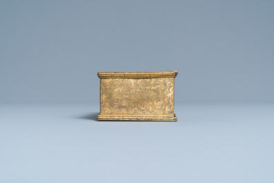 An engraved gilded copper travel inkwell with secret compartment, 17th C.