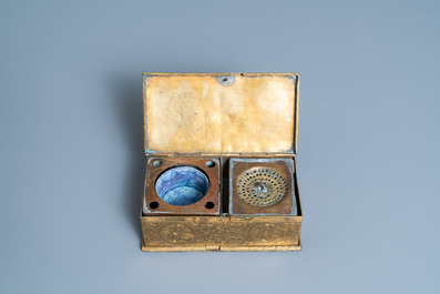 An engraved gilded copper travel inkwell with secret compartment, 17th C.