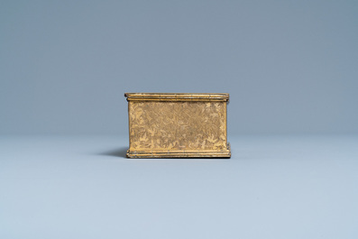 An engraved gilded copper travel inkwell with secret compartment, 17th C.