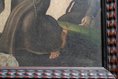 Franse school, schildering op steen, 17e eeuw: de Maagd Maria vertrouwt het Kind toe aan Sint-Domenicus