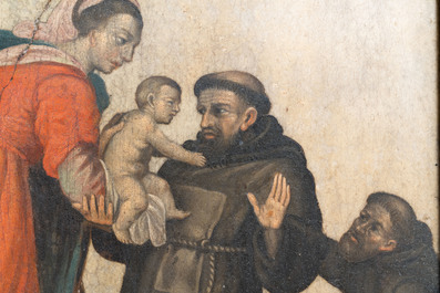 Franse school, schildering op steen, 17e eeuw: de Maagd Maria vertrouwt het Kind toe aan Sint-Domenicus