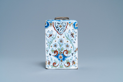 A polychrome Dutch Delft black- and gilt-enhanced tea caddy, late 17th C.