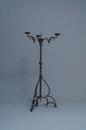 A wrought iron standing candle holder, North of France or Flanders, 15th C.