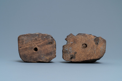 A pair of figuratively carved oak church bank ends, England, 14/15th C.