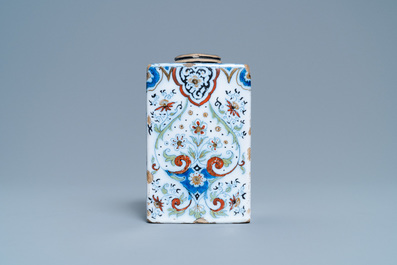 A polychrome Dutch Delft black- and gilt-enhanced tea caddy, late 17th C.