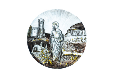Signed Le Pluy, Lille: two grisaille and silver yellow painted glass roundels with Saint Catharine and Saint Barbara, 19/20th C.