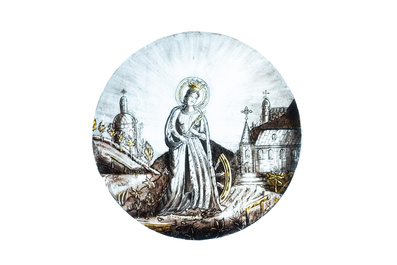 Signed Le Pluy, Lille: two grisaille and silver yellow painted glass roundels with Saint Catharine and Saint Barbara, 19/20th C.