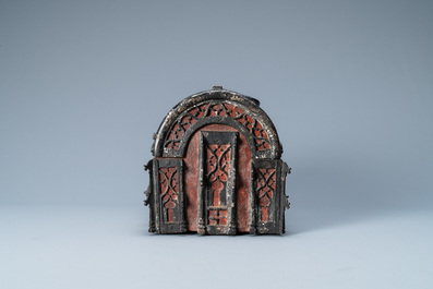 A partly red painted cast iron casket, France, 15th C.